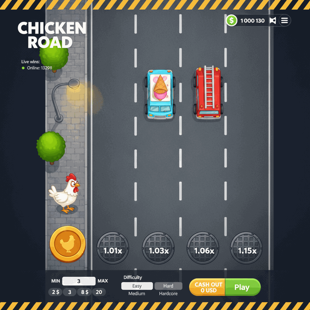 Chicken Road crash game gameplay showing a cartoon white chicken crossing multiple road lanes with cars approaching, manhole covers displaying multiplier values, and urban sidewalk scenery with trees and street lamps in a top-down view